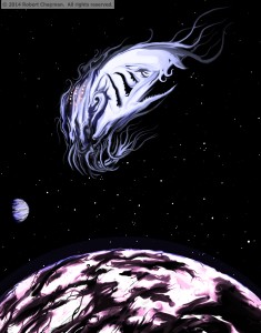 Alien space creature descending on a unsuspecting planet